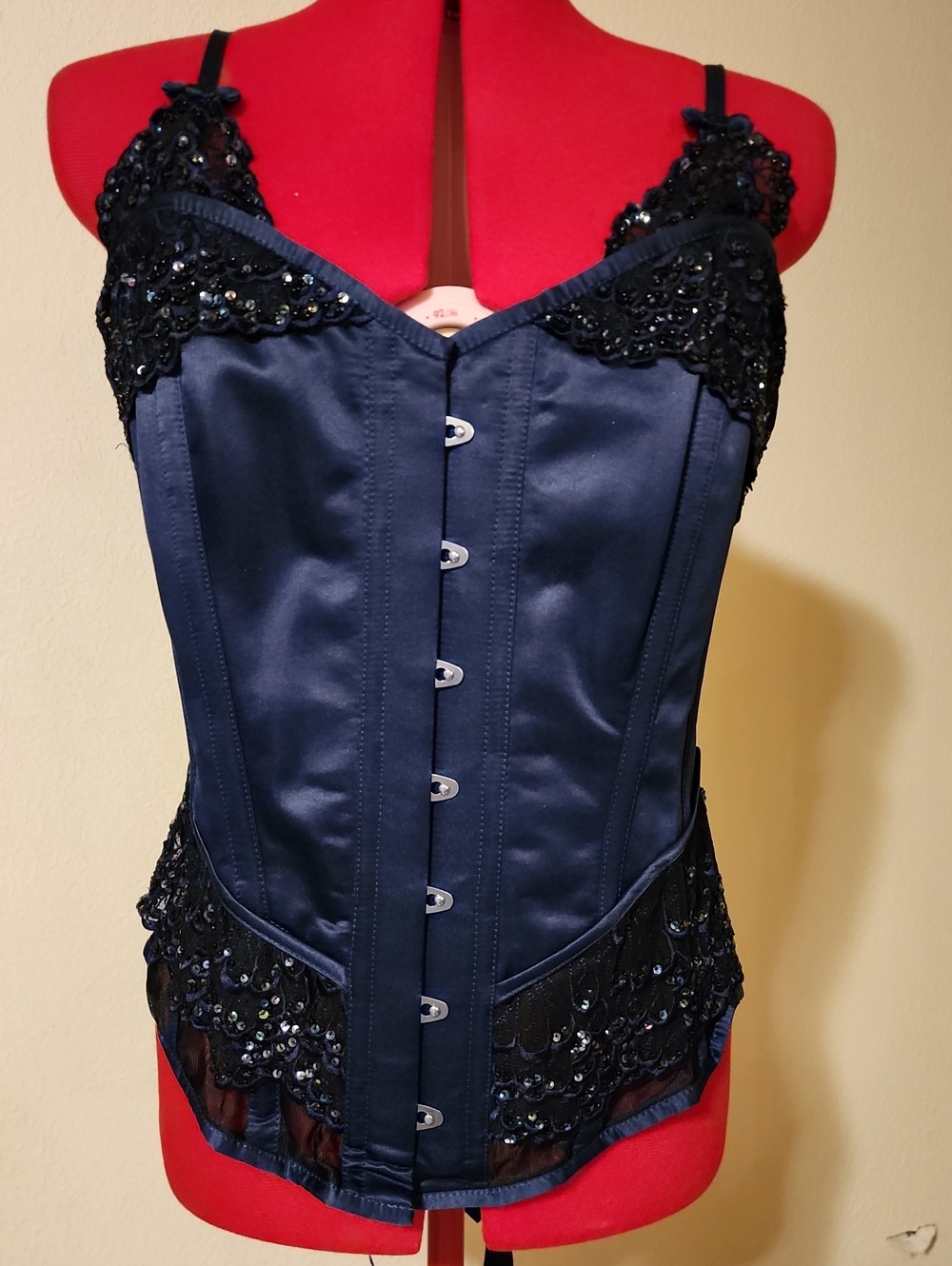 Corset Story Navy Satin Overbust Corset Top – Black Sequin Lace Trim – UK 20